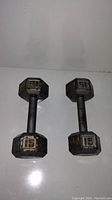 Pair of 15 lb hex dumbbells showing top view and overall condition with surface rust and wear.