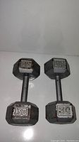 Pair of 30 lb hexagon cast iron dumbbells with visible rust and chipped paint on the weights and handles.