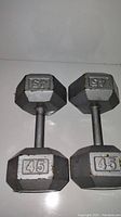 Pair of 45 lb cast iron hexagonal dumbbells placed side by side, showing two dumbbells in overall condition with surface rust and wear.