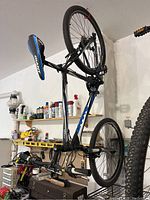 Full side view of the mountain bike hung from hooks in garage.