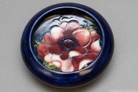 Top view showing the large pinkish-red flower with green leaves and deep blue border.