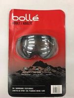 Front sealed retail packaging showing Bolle brand, goggles visible through clear plastic, red background with mountain silhouette graphics.