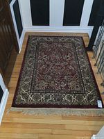 Full view of the area rug on a hardwood floor, showing overall condition, pattern, and fringe detail.