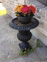 Full front view of black cast iron urn with plastic planter and flowering plant in outdoor setting