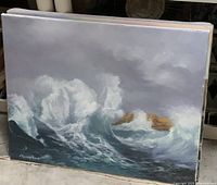 Painting of ocean waves with rocks, showing detailed crashing water, blue and gray tones