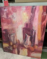 Abstract still life acrylic painting showing vases, pitchers, and fruit with warm hues and brushstroke texture.