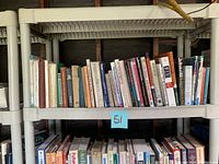 Shelf of various books including titles on medical topics and animal breeds