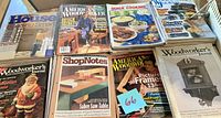 Collection of various magazines featuring woodworking, cooking, and home improvement topics.