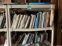 Books and magazines stacked on white plastic shelving units. Top shelves feature National Geographic branded books about horses and ocean.