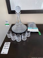 Wide view of the decanter, six shot glasses, and packaged wine bottle ice chiller bag.