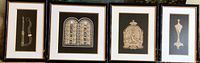 Four framed pieces of gold embroidered art arranged side by side showing variety of detailed designs.