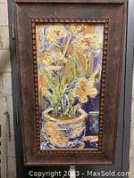 Original oil floral painting in wood frame showing entire artwork and frame