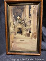 Full image of framed watercolour painting showing an architectural interior scene with arched ceiling, spiral staircase, and stained glass windows