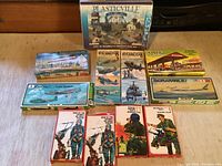 Full view of all boxed plastic model kits including Plasticville kit and various aircraft and military figure kits