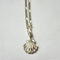 Close-up of silver shell pendant on silver chain.