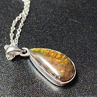 Close-up of teardrop-shaped Canadian Ammolite gemstone pendant with iridescent colors in silver bezel setting against black background.