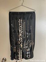 Front view of the black travel case hanging, displaying multiple necklaces and earrings organized in its compartments.