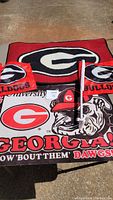 Photo of two University of Georgia Bulldogs welcome mats and two hand-held window flags, all laid out on ground.