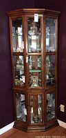 Full view of wood corner display cabinet with glass door and side panels, showing height and structure in a corner.
