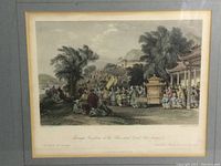 Close-up of the engraving artwork, showing detailed figures in traditional attire, trees, and buildings with the title text visible below the scene.