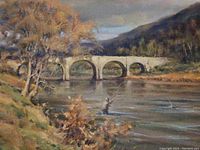 Close-up of the oil painting showing the fisherman, river, bridge, and surrounding landscape in detail.