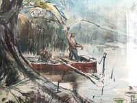 Watercolor painting showing two fishermen in a boat fishing in a cove surrounded by trees and water plants.