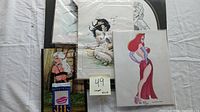 Three art prints visible, including a nude woman with E.T., a colored Jessica Rabbit nude fan art print, and a third partially seen print with a woman in black lingerie.