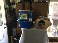 Photo of blue covered cat litter box, brown plush cat scratcher bed, and several small cat accessories on a table