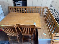 Table and seating set including two chairs and L-shaped bench, showing general view of furniture.