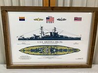 Framed signed print of USS Arizona battleship with insignias and ship profiles.