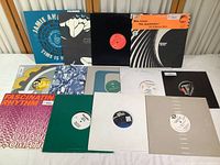 Photo showing all 13 house music LP albums with varying sleeve designs and colors arranged in three rows.
