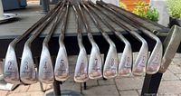 Close up image of the club heads showing numbers 2 through 9 irons, E Equalizer pitching wedge, and PW iron with Hogan branding visible