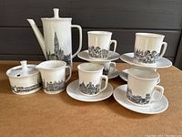 Full set of vintage Villeroy & Boch tea set with detailed illustrations of Belgium cities including coffee pot, creamer, sugar bowl, cups and saucers.