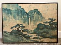Frontal view of the Japanese landscape artwork showing the full scene with mountains, waterfall, and trees.
