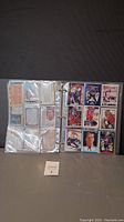 Black binder open to two pages displaying early 90s hockey cards including several of Patrick Roy, stored in plastic sleeves.