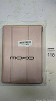 Front view of MoKo iPad case in rose gold color, showing tri-fold cover design and MoKo logo.