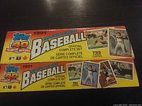 Photo of the original 1991 Topps Major League Baseball official complete card set box, featuring front graphics and number of cards.
