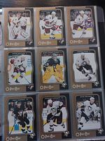 Photo showing a binder page with nine hockey cards from O-Pee-Chee including players in various poses and details.