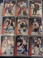 Close up of nine hockey cards from Pinnacle showing various players mostly goalies in action poses with team logos and player names visible