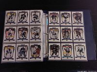 Two open binder pages displaying hockey cards organized in individual plastic sleeves, showing player images and team logos.