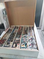View inside cardboard box showing four rows of hundreds of hockey cards each, arranged neatly vertically.