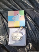 Photo of pro style wireless earbuds inside open charging case, USB charging cable, and colorful retail box.