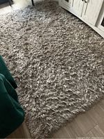 Photo showing beige shag carpet on floor with visible long fibers and textured surface