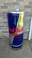 Front view of cylindrical cooler showing Red Bull branding