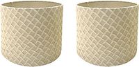 Pair of beige satin lampshades with matelasse quilted pattern, shown side by side