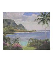 Full view of the giclee canvas painting showing Hawaiian beach with mountainous background and lush greenery in the foreground, signed lower left.