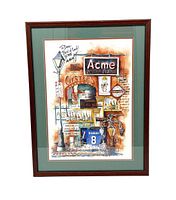 Front view of the framed New Orleans Acme Oyster House signed poster, showing green matting with red accent and wooden frame.