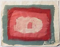 Full view of the abstract acrylic painting on white paper with pink and red rectangular pattern framed in blue-gray, signed by the artist.
