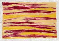 Top view of the painting showing horizontal red and yellow streaks on vintage paper with natural wrinkles and paper imperfections visible.