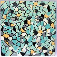 Front view of the original geometric abstract painting showing turquoise, teal, black, orange, white, and gray shapes on textured drop ceiling tile.